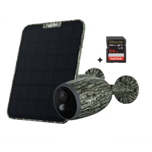 Kamufliažinės spalvos Reolink Go Plus 4G LTE kamera + Saulės elementas 6W+ 64GB SD kortelė
